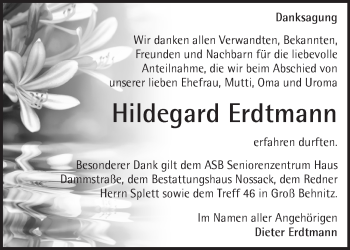 Traueranzeige von Hildegard Erdtmann von Märkische Oderzeitung