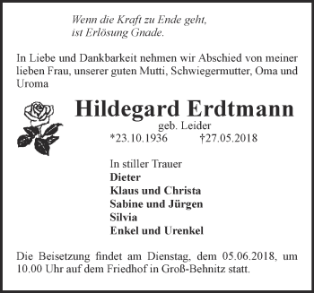 Traueranzeige von Hildegard Erdtmann von Märkische Oderzeitung