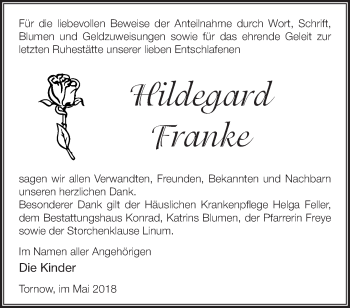 Traueranzeige von Hildegard Franke von Märkische Oderzeitung