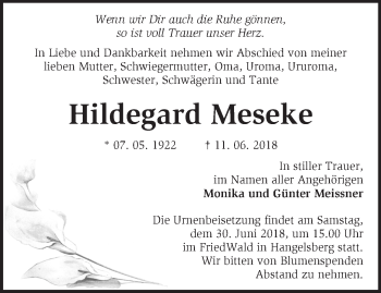 Traueranzeige von Hildegard Meseke von Märkische Oderzeitung