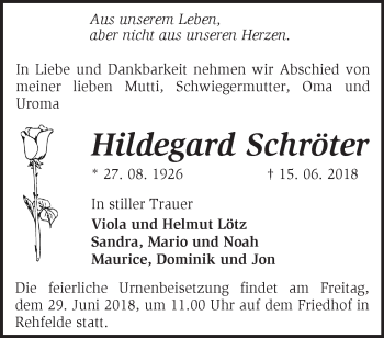 Traueranzeige von Hildegard Schröter von Märkische Oderzeitung