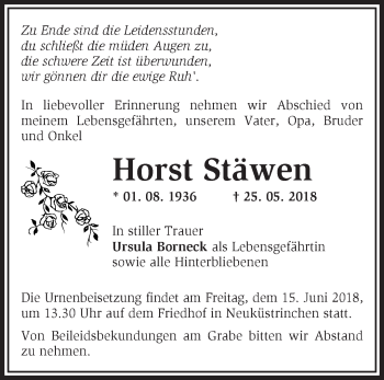 Traueranzeige von Horst Stäwen von Märkische Oderzeitung