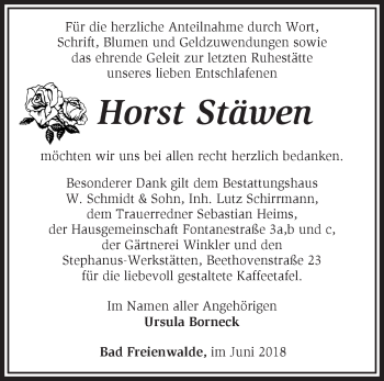 Traueranzeige von Horst Stäwen von Märkische Oderzeitung