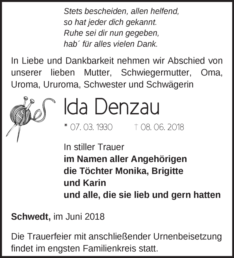  Traueranzeige für Ida Denzau vom 17.06.2018 aus Märkische Oderzeitung