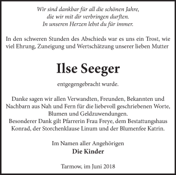 Traueranzeige von Ilse Seeger von Märkische Oderzeitung