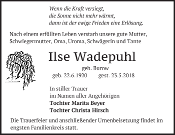 Traueranzeige von Ilse Wadepuhl von Märkische Oderzeitung