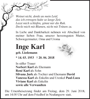 Traueranzeige von Inge Karl von Märkische Oderzeitung