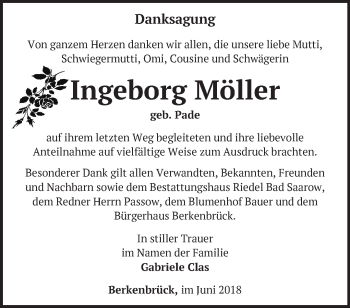 Traueranzeige von Ingeborg Möller von Märkische Oderzeitung