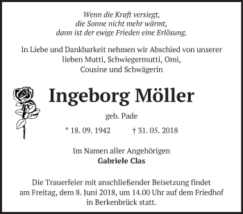 Traueranzeige von Ingeborg Möller von Märkische Oderzeitung