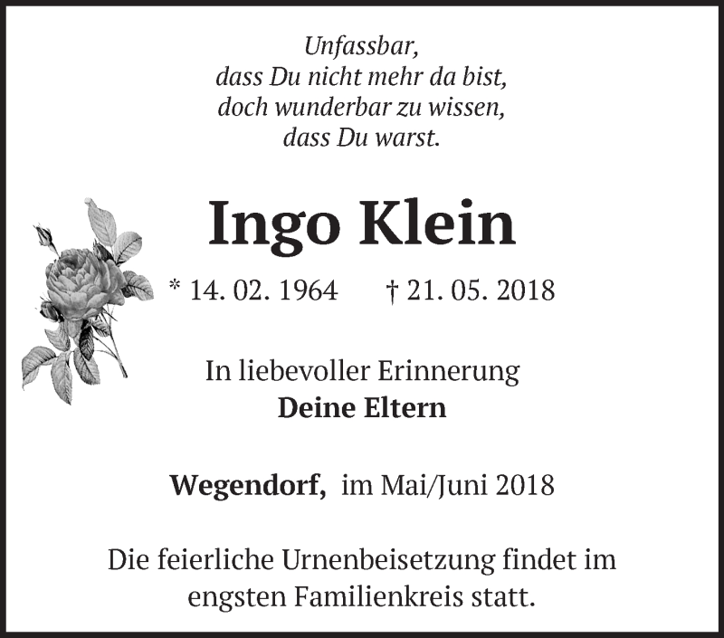  Traueranzeige für Ingo Klein vom 16.06.2018 aus Märkische Oderzeitung