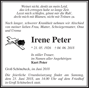 Traueranzeige von Irene Peter von Märkische Oderzeitung