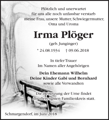 Traueranzeige von Irma Plöger von Märkische Oderzeitung