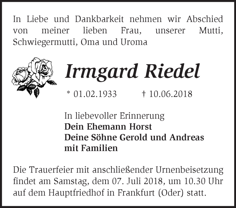  Traueranzeige für Irmgard Riedel vom 23.06.2018 aus Märkische Oderzeitung