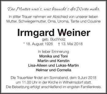 Traueranzeige von Irmgard Weiner von Märkische Oderzeitung