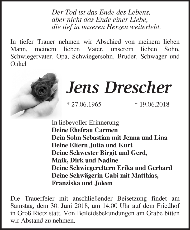  Traueranzeige für Jens Drescher vom 23.06.2018 aus Märkische Oderzeitung