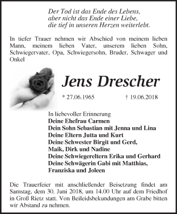 Traueranzeige von Jens Drescher von Märkische Oderzeitung