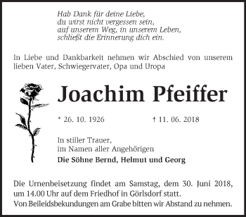 Traueranzeige von Joachim Pfeiffer von Märkische Oderzeitung