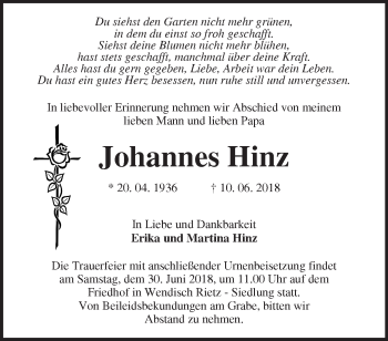 Traueranzeige von Johannes Hinz von Märkische Oderzeitung