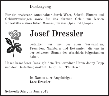 Traueranzeige von Josef Dressler von Märkische Oderzeitung