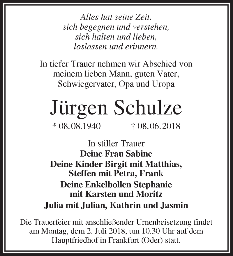  Traueranzeige für Jürgen Schulze vom 23.06.2018 aus Märkische Oderzeitung