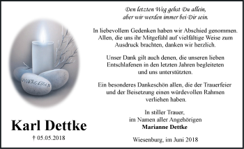 Traueranzeige von Karl Dettke von Märkische Oderzeitung