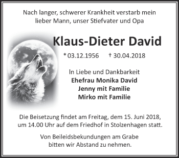 Traueranzeige von Klaus-Dieter David von Märkische Oderzeitung