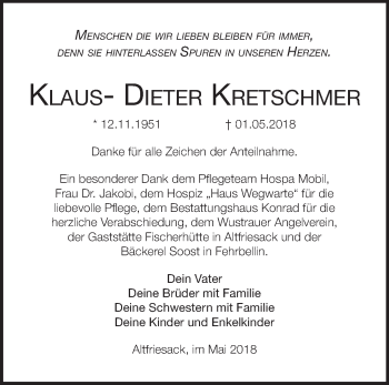 Traueranzeige von Klaus-Dieter Kretschmer von Märkische Oderzeitung