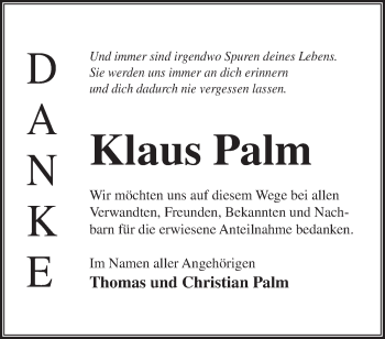 Traueranzeige von Klaus Palm von Märkische Oderzeitung