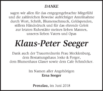 Traueranzeige von Klaus-Peter Seeger von Märkische Oderzeitung