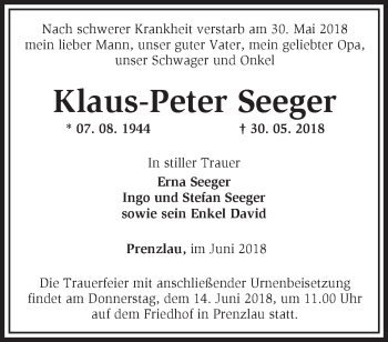 Traueranzeige von Klaus-Peter Seeger von Märkische Oderzeitung