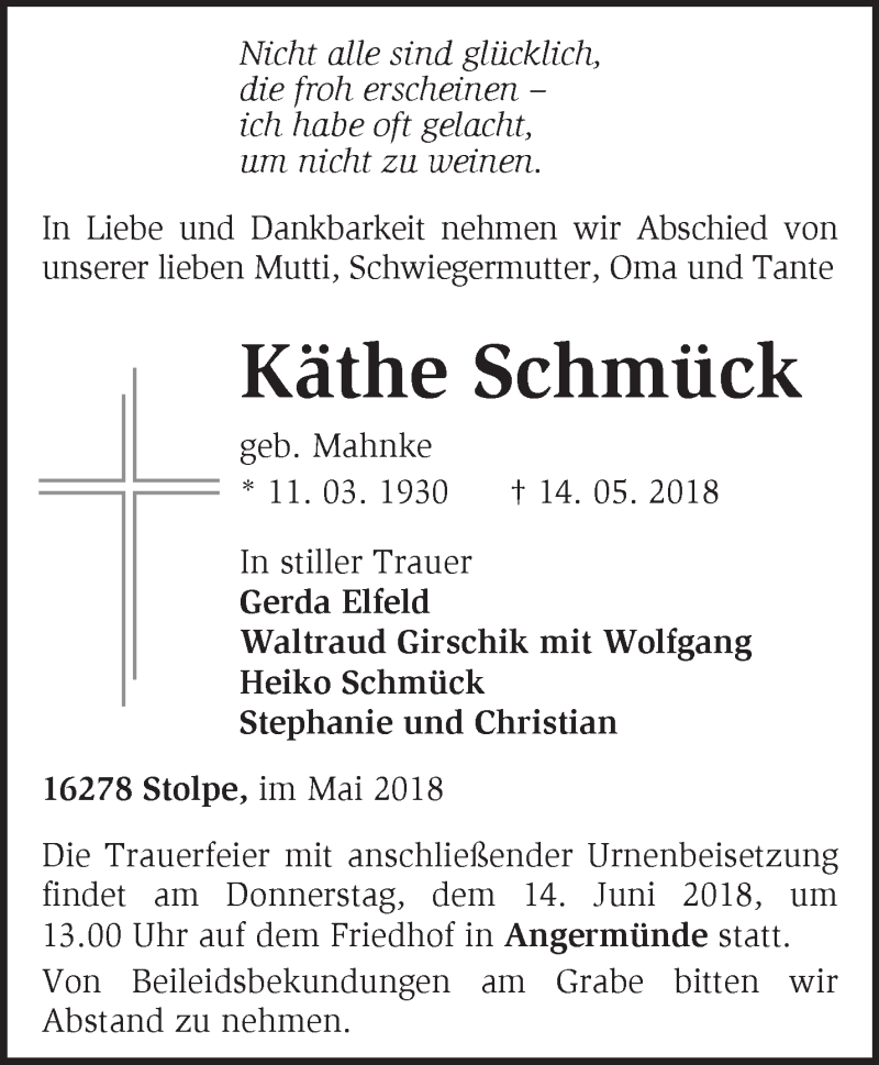  Traueranzeige für Käthe Schmück vom 02.06.2018 aus Märkische Oderzeitung