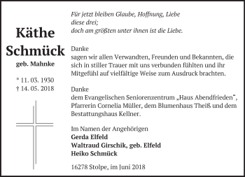 Traueranzeige von Käthe Schmück von Märkische Oderzeitung