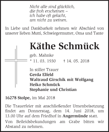 Traueranzeige von Käthe Schmück von Märkische Oderzeitung