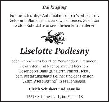 Traueranzeige von Liselotte Podlesny von Märkische Oderzeitung