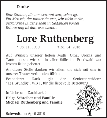 Traueranzeige von Lore Ruthenberg von Märkische Oderzeitung