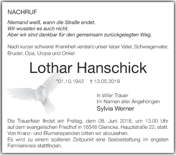 Traueranzeige von Lothar Hanschick von Märkische Oderzeitung