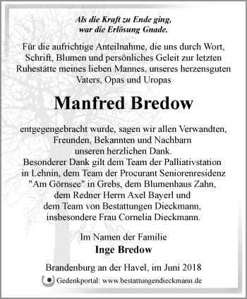 Traueranzeige von Manfred Bredow von Märkische Oderzeitung