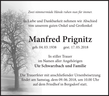 Traueranzeige von Manfred Prignitz von Märkische Oderzeitung