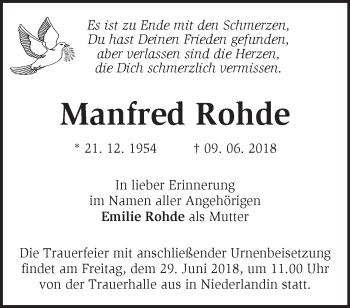 Traueranzeige von Manfred Rohde von Märkische Oderzeitung