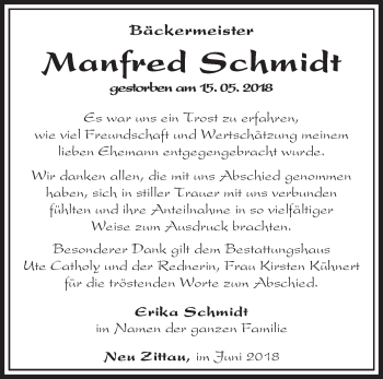 Traueranzeige von Manfred Schmidt von Märkische Oderzeitung