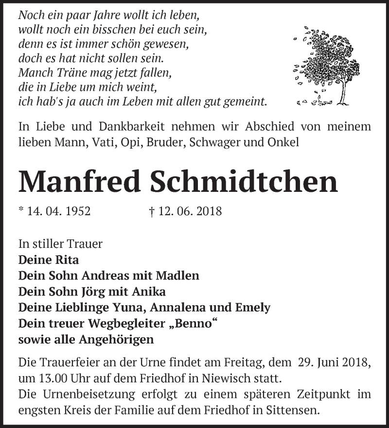  Traueranzeige für Manfred Schmidtchen vom 23.06.2018 aus Märkische Oderzeitung