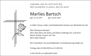 Traueranzeige von Marlies Bartsch von Märkische Oderzeitung