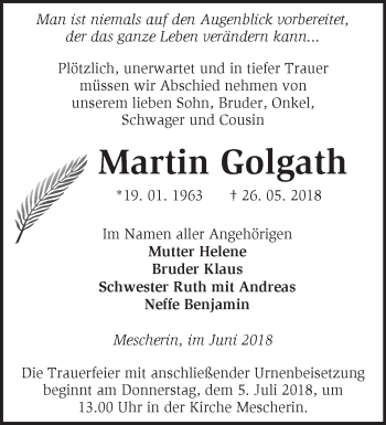 Traueranzeige von Martin Golgath von Märkische Oderzeitung