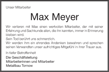 Traueranzeige von Max Meyer von Märkische Oderzeitung