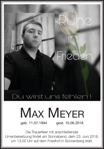 Traueranzeige von Max Meyer von Märkische Oderzeitung