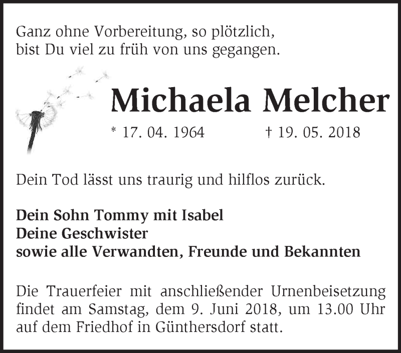  Traueranzeige für Michaela Melcher vom 02.06.2018 aus Märkische Oderzeitung