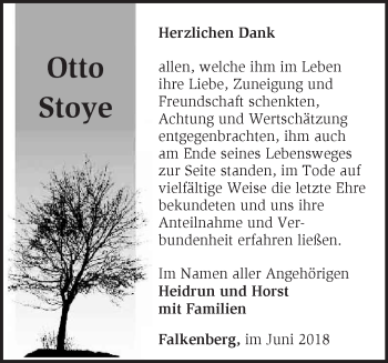 Traueranzeige von Otto Stoye von Märkische Oderzeitung