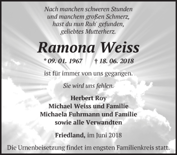 Traueranzeige von Ramona Weiss von Märkische Oderzeitung