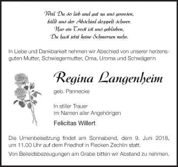 Traueranzeige von Regina Langenheim von Märkische Oderzeitung