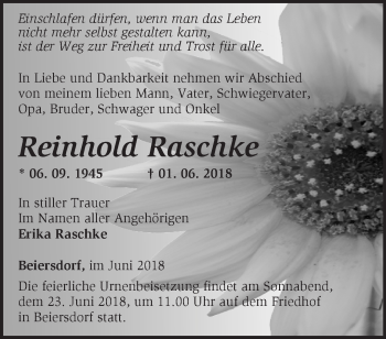 Traueranzeige von Reinhold Raschke von Märkische Oderzeitung